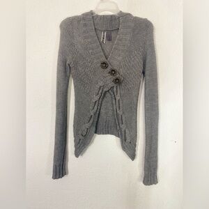 Y2K Cozy BKE Cardigan Sweater Grey Open Knit Wool Cable Knit Chain Detail Boho
